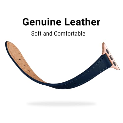 Image of STIROLL Slim Leather Bands Compatible with Apple Watch Band 38mm 40mm 41mm 42mm(Series 11 10), Top Grain Leather Watch Thin Wristband for iWatch SE 9 8 7 6 5 4 3 2 1 (Navy Rose Gold)