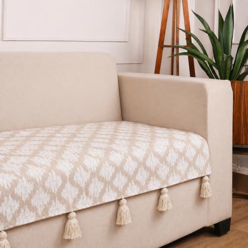 Image of STITCHNEST 'Verdant Ikat Stories' 2 Seater Sofa Cover| Elegant Jacquard Fabric, Decorative Tassels, Washable & Durable for Modern Living