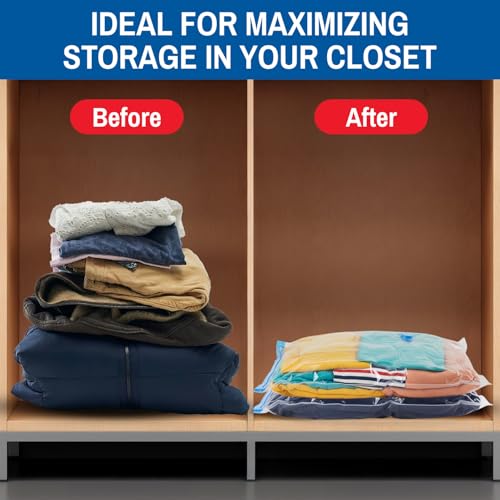 Image of 6 Pack Large Vacuum Storage Bags for Comforters, Blankets & Clothes - Vacuum Sealed Compression Bags with Hand Pump - Space Saver Storage Bags for Bedding, Moving, Travel & Organization | Save closet space by compressing comforters, blankets and clothing for home organization, moving or travel.