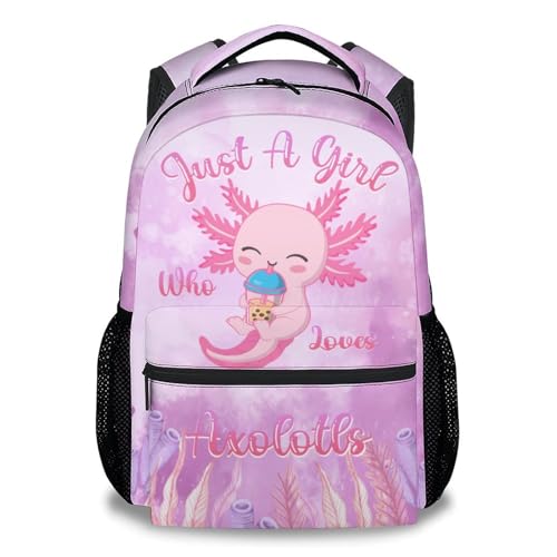 COZYAURA Kids School Backpack - 17 Inch Cute Axolotl Bookbag for Girls - Durable Pink School Bag for Elementary & Travel