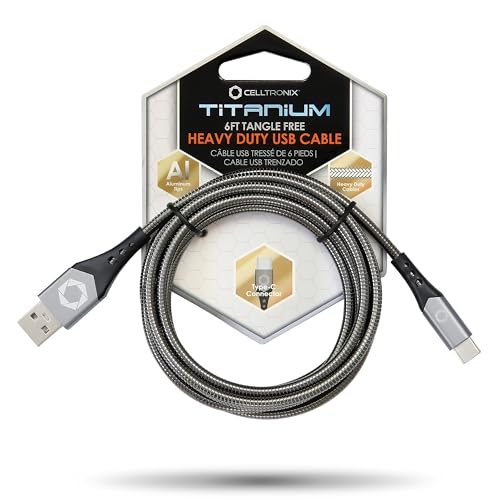 Celltronix Titanium 6FT Fast Charging Tangle Free Heavy Duty USB to Type-C Cable. Built to Last! Includes Sync+Charge & Aluminum Tips for Optimum Connectivity - Gun Metal