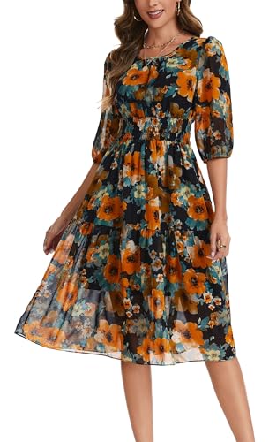 Image of Kormei Women Casual Boho Floral Round Neck 3 /4 Sleeve Smocked Waist Tiered A Line Flowy Swing Midi Dress Long Dresses