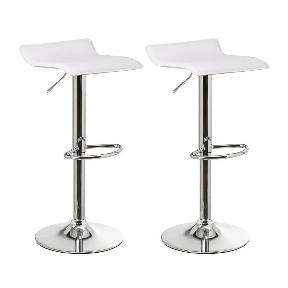 LOLAhome Set de 2 Taburetes de Cocina Giratorios en 360°, Juego de Sillas de Bar Regulables en Altura de 63 a 84 cm, Material Polipiel, Estructura Metal y Reposapiés, Blancos