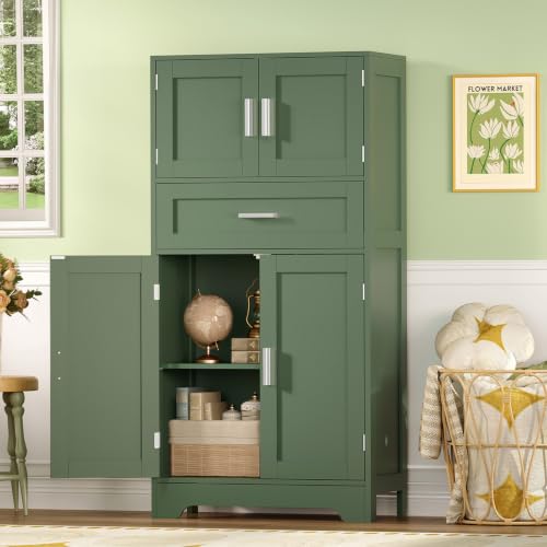 Image of TEENFON Bathroom Floor Storage Cabinet with Adjustable Shelf, Freestanding Storage Cabinet with 4 Doors, Cupboard for Living Room, Home Office, Entryway, Forest Green