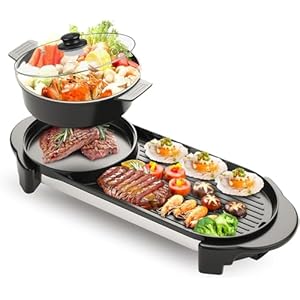 2 in 1 Electric Smokeless Hot Pot with Grill, 2200W Removable Hotpot Pot, Korean BBQ and Shabu Indoor Combo,Non-Stick Skillet Pan, Dual Adjustable Temperature, 1-6 People