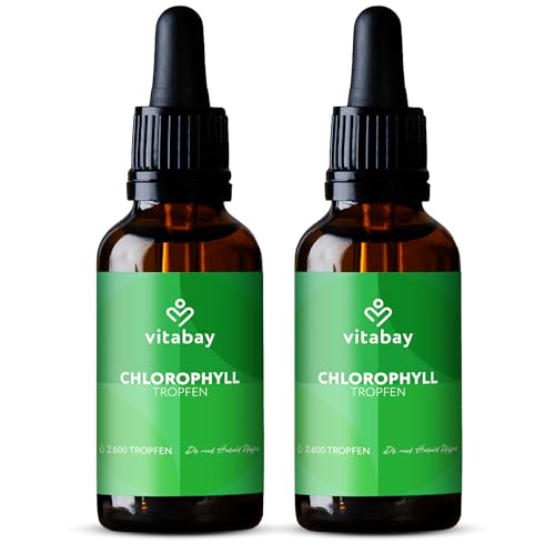 Vitabay Chlorophyll Tropfen 200ml - 400mg Liquid Chlorophyll flüssig aus Weizengras, Alfalfa und Chlorella - Moderne Chlorophyllin-Formulierung mit Kupfer für hohe Stabilität & Aufnahmefähigkeit