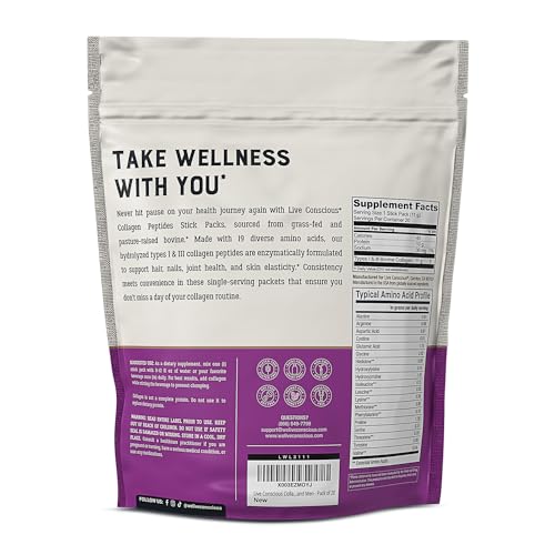 Image of Live Conscious Collagen Peptides Powder Unflavored Packets - Hydrolyzed Collagen Powder - Hair, Skin, Nail, & Joint Support - Type I & III Grass-Fed Collagen Supplements for Women and Men - Pack of 20