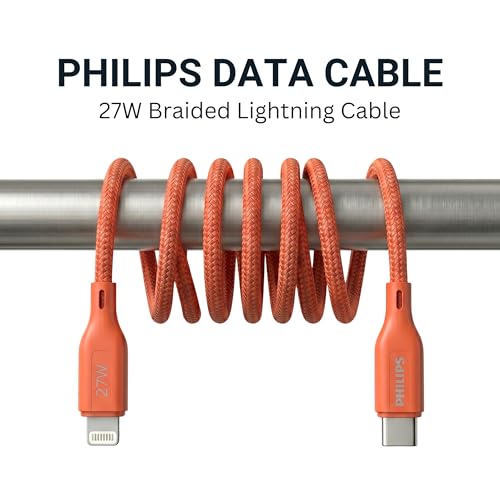 Image of PHILIPS DLC4130LR /94 27W iPhone Original Type-C to Lightning Fast Charging Cable (1m, Coral Reef) | MFi Certified | 480Mbps Data Sync | Nylon Braided | Compatible with iPhone & Other Lightning Devices