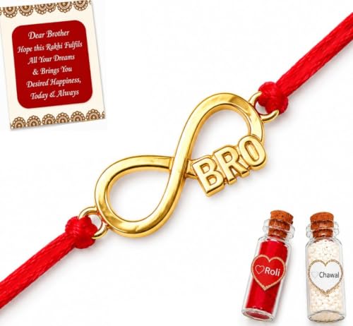 Image of Gold Plated Designer Rakhi Bracelet for Brother | Infinity, Heart, Evil Eye & BRO Designs | Raksha Bandhan Rakhi with Roli Chawal & Greeting Card