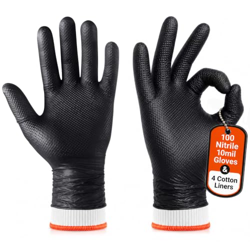 PepperMate BBQ Gloves Disposable 100 Nitrile Gloves + 4 Cotton Liners 10 Mil Heat Resistant for Grilling Smoking Cooking and Meat Handling Non-Slip Grip Heavy Duty Latex Free Food Safe Large