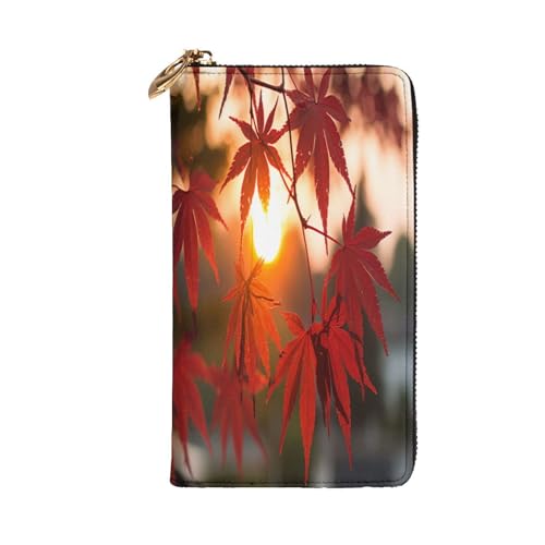 Maple leaves shining Premium Leather Wallet with Metal Zipper, Multiple Card Slots Cash Pockets, ideal Gift for Her or Him2