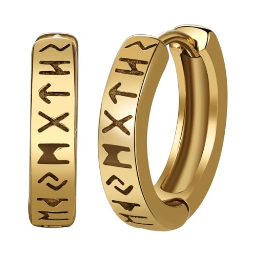 Pendientes de aro vikingos Flonge de acero con runas nórdicas de 12 mm