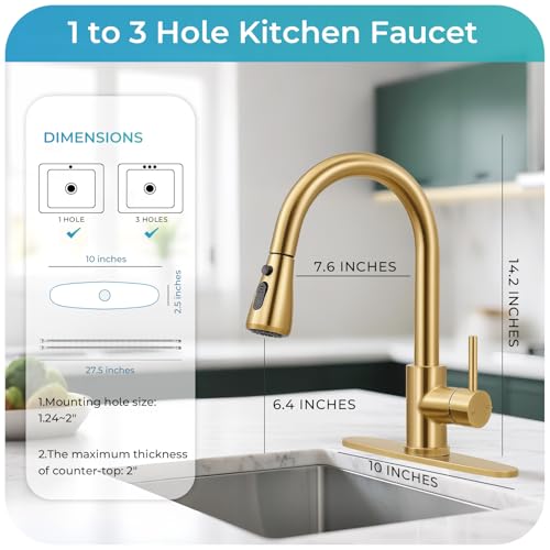 Image of Kitchen Faucet with Pull Down Sprayer - Brushed Gold Single Handle Kitchen Faucets, High Arc Stainless Steel Pull Out Kitchen Sink Faucet with Deck for RV Laundry Farmhouse Bar