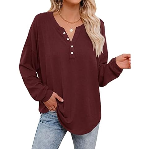 Mainfini Womens Jumpers Burgundy Long Sleeves Jumpers Soft Plain Shirts with Botton XXL Cover