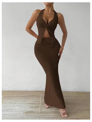 Image of SOLY HUX Women's Two Piece Outfits Twist Front Halter Cami Tops and Skirt Summer Set