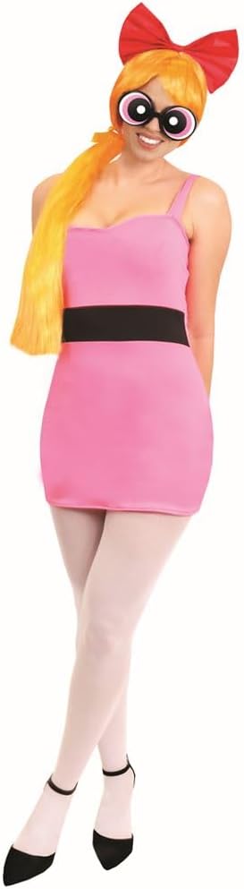 Ladies Powerpuff Girl Blossom Costume - Pink Dress with Black Stripe, Blossom Wig, Bow Headband, Blossom Glasses, White Tights - Adults Cartoon TV Show Fancy Dress Costume