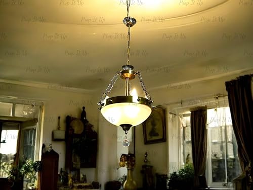 Image of Prop It Up Vintage Crystal Pendant Chandelier, Antique Brass Finish, Frosted Glass Bowl with Crystal Drops, Traditional Ceiling Light, Without Bulb