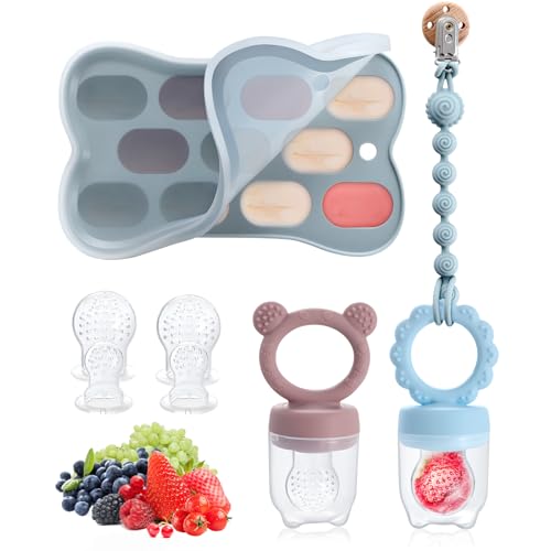 Image of 2PCS Food Grade Silicone Baby Fruit Food Feeder & Breastmilk Popsicle Freezer Molds, BPA Free Baby Food Storage Containers for Baby Teething Relief & Infant Self Feeding(Blue and Pink Purple)