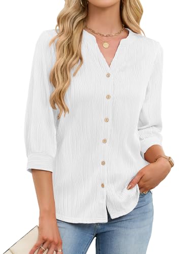 Image of Flikity White Blouses for Women UK, Women's 3/4 Sleeve Tops Button Down V Neck T Shirts Ladies Fashion Dressy Casual Work Tops Womens Spring Summer Autumn Clothes S