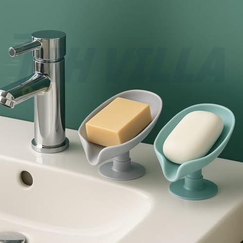 Image of Self Draining Soap Holder with Suction Base - Pack of 2 (Multi-Color) | Waterproof Leaf Shape Soap Dish Stand for Bathroom & Kitchen