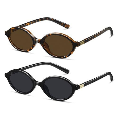 Colrea 2 Pack Retro Oval Sunglasses for Women Small 90s Y2K Trendy UV400