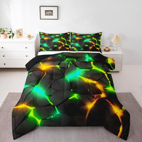 Image of Feelyou Kids Green Yellow Honeycomb Comforter Set Queen Size, Hexagonal Bedding Set Beehive Duvet Insert Boys Girls Teens Bedroom Decor with 2 Pillow Case