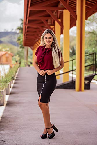 Saia Feminina Midi Lápis Social Preta Zíper Moda Evangélica G/42, Preto