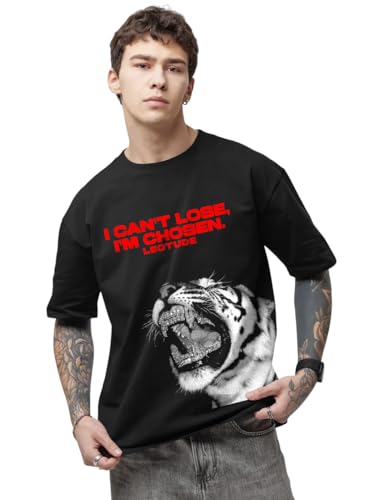 Image of LEOTUDE Oversized Half Sleeve Cottonblend Graphic Print Round Neck Drop Shoulder Baggie Tshirt for Man (Color Black)