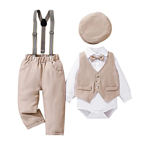 Xifamniy Baby Boys Gentleman Outfit 4Pcs Pants And Top Sets Newborn Long Sleeve Romper+ Hat + Vestcoat + Bow Tie 3-24M #TOP14