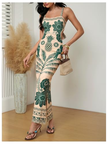 Image of Floerns Women's Tropical Bow Tie Back Long Dress Sleeveless Maxi Dress | Hawaiian Resort Wear, Coastal Vacation, Beach Wedding Guest, Side Slit, Spring Break Outfits