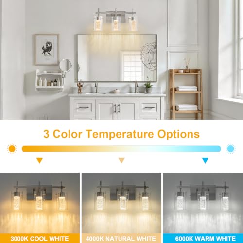 Image of 3-Light Brushed Nickel Vanity Light with 3 Color Modes (3000K /4000K /6000K), Eye Protection LED Bathroom Light Fixture, Dimmable Modern Wall Light Over Mirror with Clear Glass Shade
