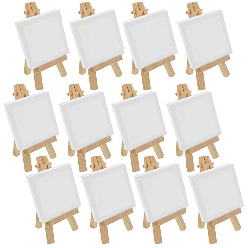 U.s. Art Supply 2" X 2" Stretched Canvas With 5" Mini Natural Wood Display Easel Kit (Pack Of 12), Artist Tripod Tabletop Holder Stand - Painting Party, Kids Crafts, Oil Acrylic Paints, Signs, Photos #TOP1