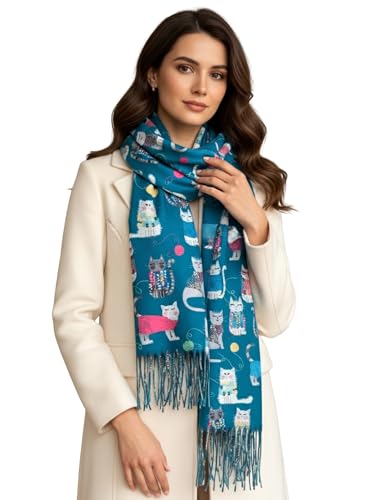 Image of The Accessory Co. Fun Cat Scarf, Cat Gift for Cat Lover, Womens Scarf Lightweight Shawl Wrap, Ladies Pashmina Scarves for Spring Summer Autumn Winter, Gift for Her, Birthday, Mothers Day (Teal)