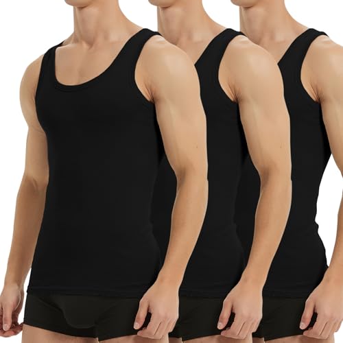 Falechay Unterhemd Herren Tank Top 3er Pack Baumwolle Feinripp ärmellos Muskelshirtst Männer Sportunterhemden Schwarz L