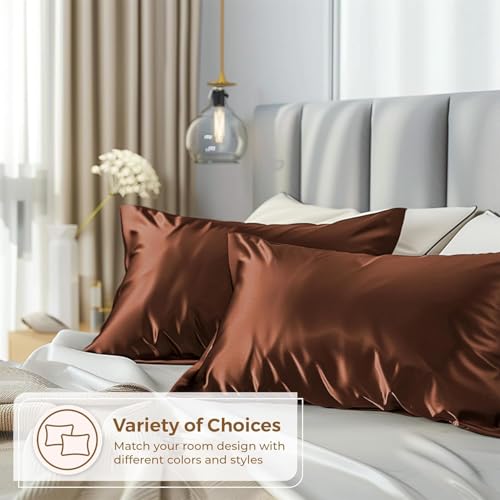 Image of Craftelio Satin Pillow Covers Set of 2 with 3 Free Random Color Hair Scrunchies - Anti-Frizz, Skin-Friendly, Soft & Durable Pillowcase Set for All Hair Types (Brown)