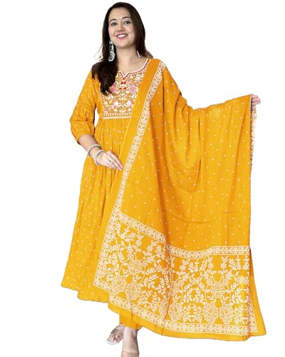 Kurta Anarkali jaune fluide ensemble anti-froissement pantalon et dupatta taille L