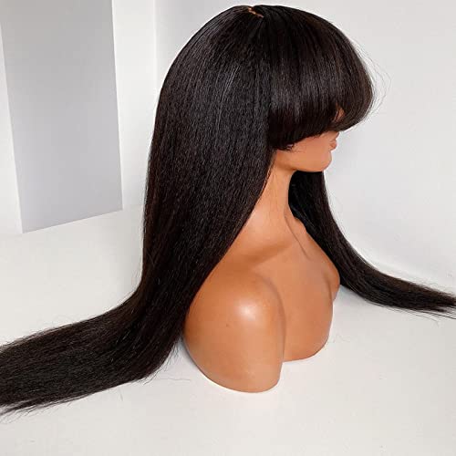 26inch 9A Grade Yaki Straight Human Hair Wigs with Bangs for Women 130% Density Scalp Top Base None Lace Glueless Kinky Straight Human Hair Wig with Bang Pre Plucked Baby Hair Brazilian Remy Hair