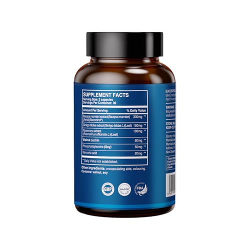 HUJ Brain Health - Brain Supplements for Memory and Focus - Brain & Nervous System Health Support with Bacopa, Phosphatidylserine, Ginkgo Biloba, Rosemary, Walnut Peptide, Nervonic Acid - 60 Capsules - Image 3