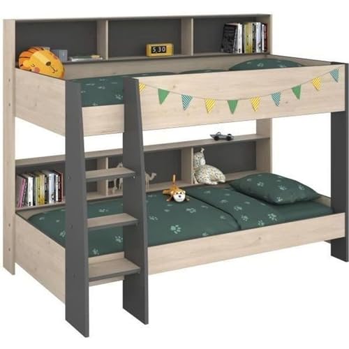 Parisot Lits superposes Enfant - Decor Chene Jackson et Gris Ombre - Sommiers Inclus - 2 x 90 x 200 cm - Jim