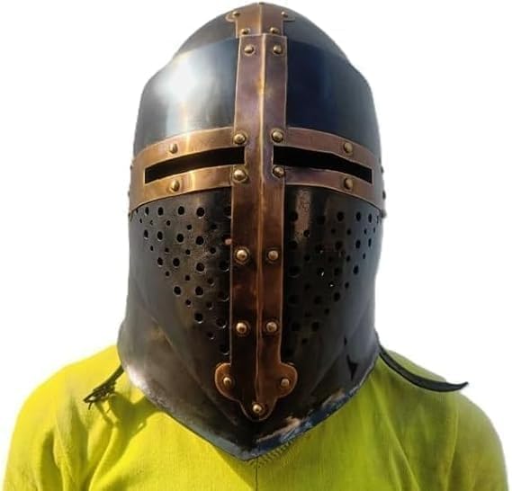 PARADOX INFINITY TOOLS Medieval Crusader Barbute Helmet, Steel Armor for LARP and Role Play, Black with Brass Accents
