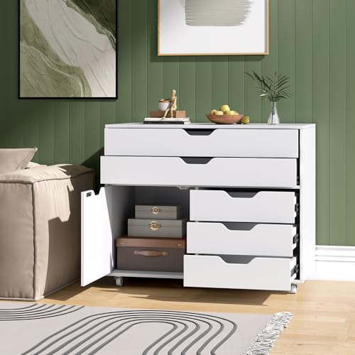 Image of DREAMADE File Cabinet, Rolling File Cabinet with 5 Drawers, Door & Lockable Metal Wheels, Mobile Filing Cabinet with Storage, Wood Printer Stand for Home Office Study (White)