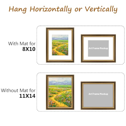 Image of Golden State Art,11x14 Ornate Picture Frame Holds 8x10 Photo,Brown Gold | Includes real glass front,white mat,build-in hangers and buttons.Displays 8x10 photo on wall
