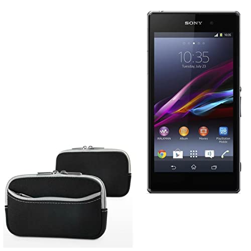 BoxWave Case Compatible with Sony Xperia Z1S - SoftSuit with Pocket, Soft Pouch Neoprene Cover Sleeve Zipper Pocket - Jet Black with Grey Trim