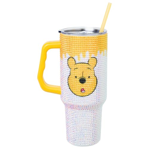 Image of Silver Buffalo Disney Winnie the Pooh Stainless Steel Tumbler, 40oz | Disney, Piglet, 1.2 Liters, Yellow, Double-Walled, Rhinestone, Handle, Straw, Straw Cap