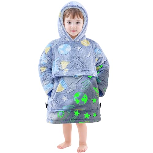 yescool Glow in The Dark Wearable Blanket Hoodie for Kids Toddlers 2-6YR Old Gifts, Oversized Blanket Sweatshirt with Sherpa for Christmas Thanksgiving Birthday Gifts, One Size, Universe