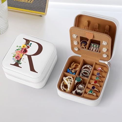 Parima Travel Jewelry Case Box - Mini Small Boxes Organizer Essentials for Women Birthday Gifts Friends Teacher Teen Girls Bridesmaid Letter R, White