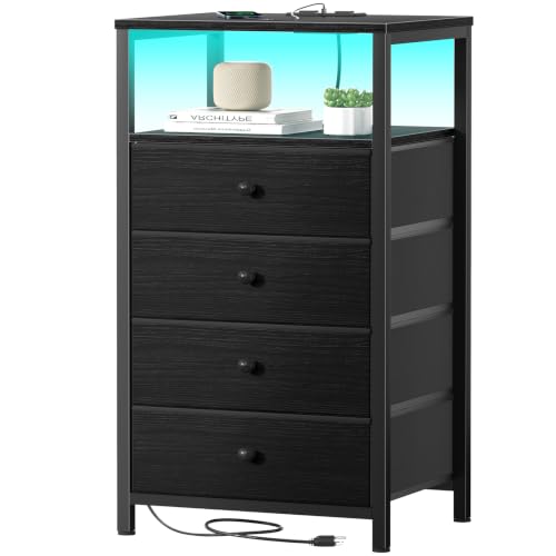 Image of BOLUO Tall Night Stand with Drawers, Black Nightstand with Charging Station and LED Light, Small White 4 Drawer Dresser for Bedroom, Room Storage Closet