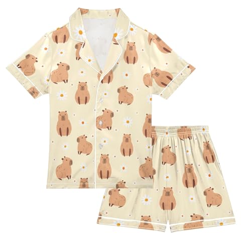 Capybara with Daisy Flowers Yellow Summer Satin Pajama Set, Cute Button-Down Sleepwear Pj Set for Sleep Wears