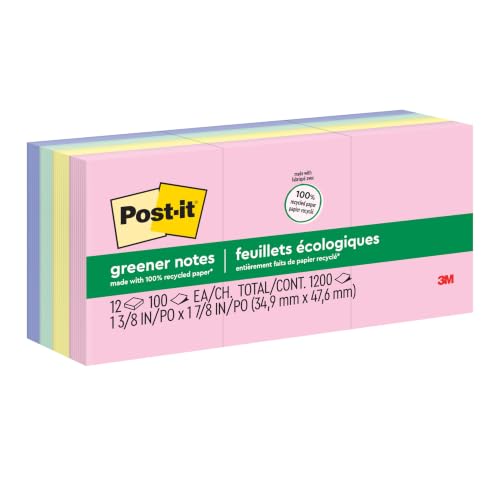Image of Post-it Notes, Original Pad, 1 3 /8 Inches x 1 7 /8 Inches, Recycled, Assorted Pastel Colors, 12 Pads per Pack