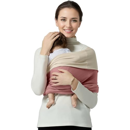 Shiaon Baby Wrap Carrier, Lightweight Baby Wearing Wraps for Newborn and Infant, Soft Swaddle Holder Carrier, Cozy Baby Sling 7-35 lbs Cream+Pink
